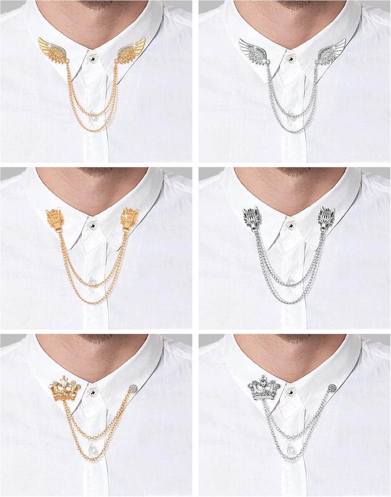 Trnayi 6 Pieces Tassel Chain Brooch Collar Pins Wedding Brooches Collar Pins Wings Wolf Head Crown Lapel Suit Shirt Tuxedo Accessories for Wedding Anniversary Halloween Birthday Party Office - Image 4